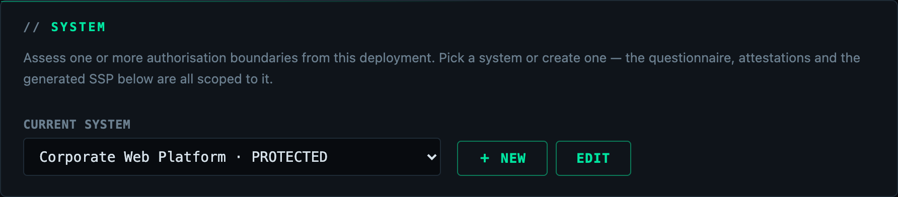 The system switcher, showing the current system and New/Edit controls